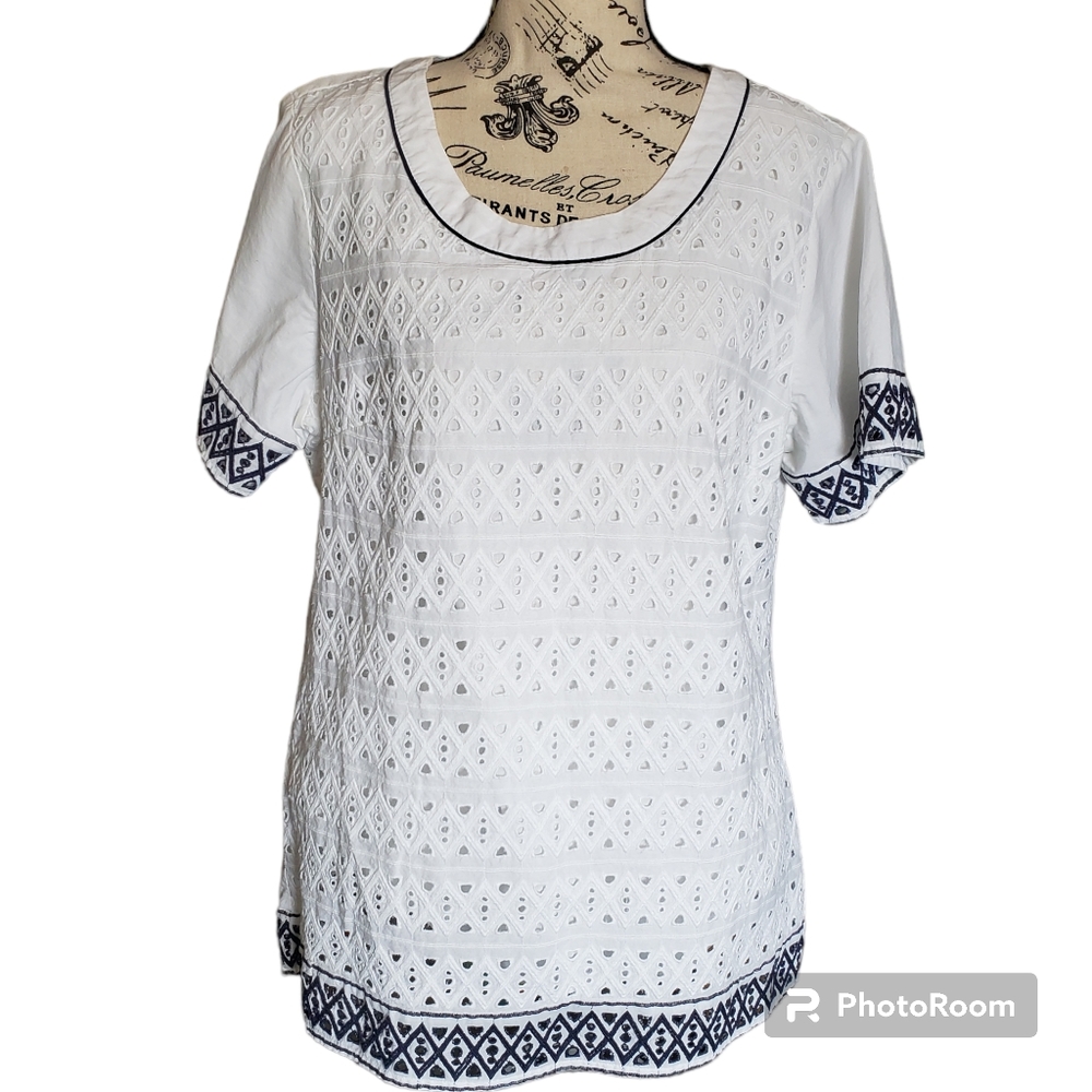 Adrianna papell womens woven office casual blouse geometic Embroidered size L